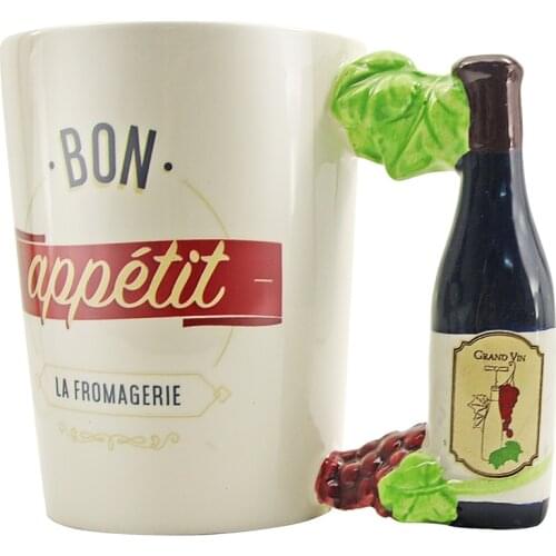 1Piece Wine Bottle Shaped Handle Ceramic Coffee Cup Party Beverage Beer Cup Bon Appetite Office Home Drinking Cup