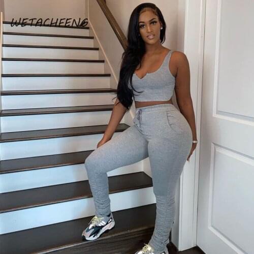 2021 Tracksuit Women Crop Top Matching Stacked Pants 2 Piece Suits Casual Summer Sportswear Solid Sets Fitness Outfits Clothing