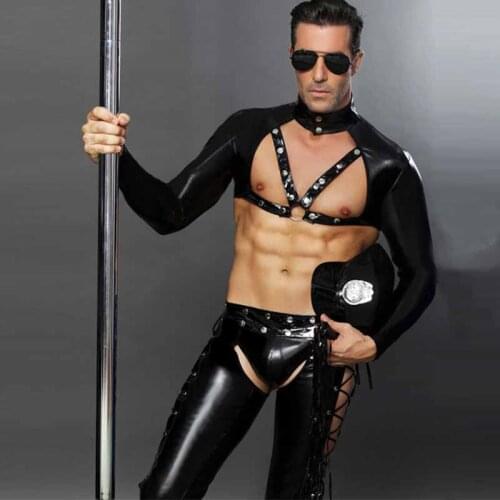 3 pcs Sexy Costumes Mens Police Cosplay Black Vinyl Leather Police Uniforms Plus Size Erotic Halloween Club Pole Dance Suits Men