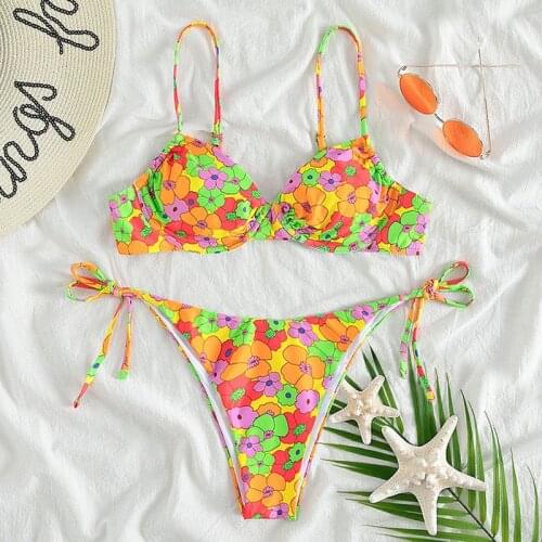 Floral Print Bikinis 2021 Push Up Swimsuit Lace Up Thong Swimwear Women Spaghetti Strap Bathing Suit Padded Bra Bikini Set Beach