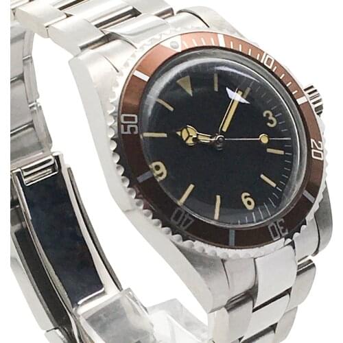 Retro digital automatic watch mens 39.5mm black sterile black dial aluminum brown ring luminous dial steel case E19