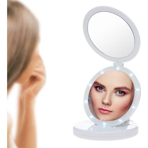 Travel LED Lighted Makeup Mirror Double-sided Adjustable Stand Desk Mirrors Tri-fold 5X Magnifying Cosmetic Mirror USB Recharge