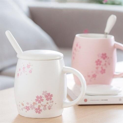 Ceramic Pink Cherry Blossom Heat-resistant Mug with Lid and Spoon Creative Milk Mug Couple Tea Juice Cup Office Drinkware Gift