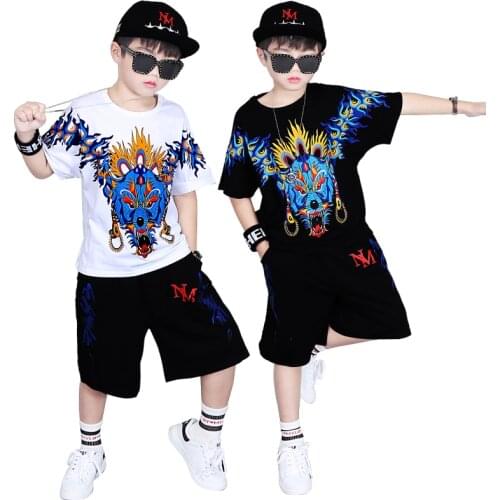 Big Boys Short Sleeve Summer Sets Dragon Print Loose Fit T-shirts+Shorts 2PCS Clothing Sets Cool Hip Hop Dancer Clothing Sets
