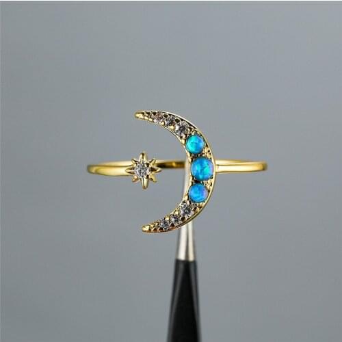 Cute Female Blue Opal Stone Ring Charm Gold Adjustable Thin Wedding Rings For Women Minimalist Bridal Star Moon Engagement Ring