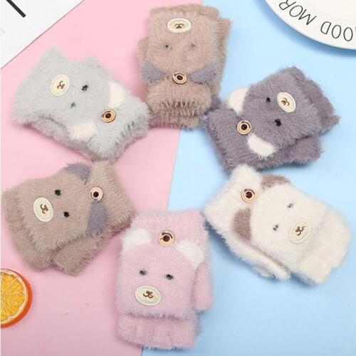 Lovely Kids Gloves Cartoon Printed Half-finger Flip Fleece Gloves Fashion Warmth Thickened Plush Childrens Gloves Fall Winter