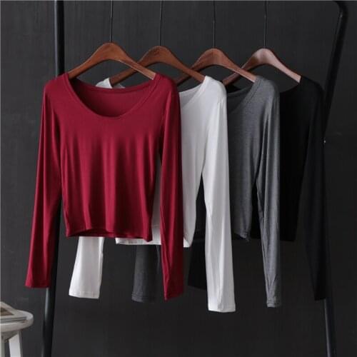 Modal Elastic Women T-Shirts O-Neck Long-Sleeved Short Empire Solid Slim Sexy Female Pulls Outwear Tops
