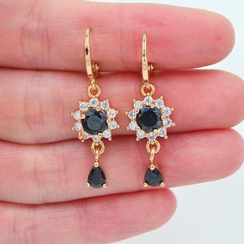 Fashion Gold Color Black Cubic Zirconia Sunflower Dangle Earrings for Women