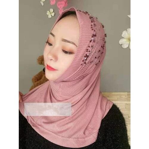 Muslim One Piece Amira Beaded Headscarf Shawl Arab Women Stripe Instant Hijab Wrap Headwear Islamic Full Cover Convenience Scarf