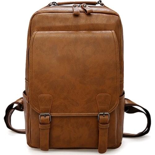 Vintage Laptop Backpack Men Waterproof Bagpack Khaki Travel Men Bag PU Leather Backpacks Big Capacity Male Mochila Bags For Men
