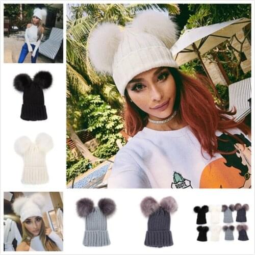 MYZOPER 2019 New Double Hairball Keep Warm WomenS Winter Hat Autumn Winter Solid Color Vintage Beanie Knitted Hat