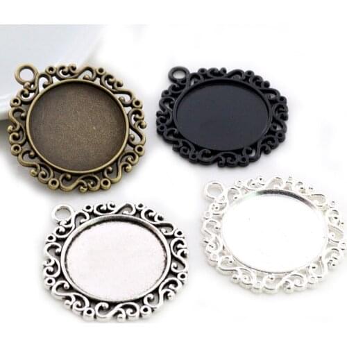 New Fashion 5pcs 25mm Inner Size Black Antique Silver Plated Classic Flower S Style Cabochon Base Setting Charms Pendant
