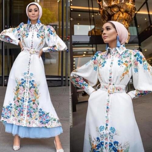 New Arab Womens Long Muslim Dress Digital Print Mid-waist Long Skirt Muslim Fashion Puffy Sleeve Lapel Robe Jalabiya 2021