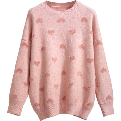 PERHAPS U Women Sweater Crew Neck Knitted Pullovers Long Sleeve Pink Heart Loose Winter M0090