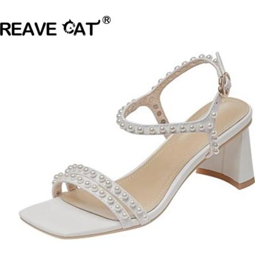 REAVE CAT High Heels Women Sandals Genuine Leather Pearl Decoration Buckles Summer Shoe 2021 Fashion Wedding Party Size 43 B2603