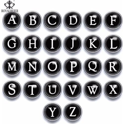 ROYALBEIER 26pcs/lot A-Z Letters Alphabet Snap Buttons 12mm Snap Jewelry Black White Glass Snap Button Fit Snap Bracelet