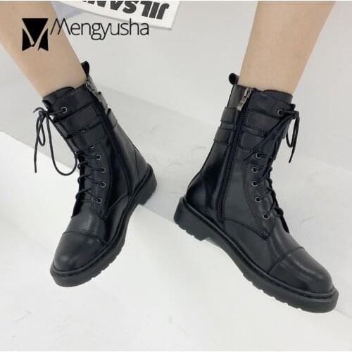 Two Strap Buckle Motorcycle Boots Woman Punk Thick Heels Shoes Patchwork Leather Botines Winter Cross-Tied Riding Platform Botas