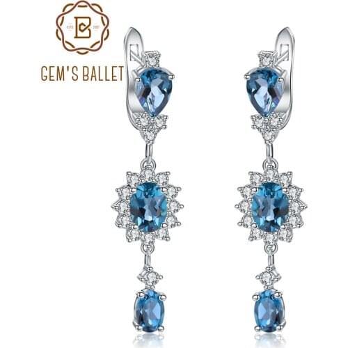 GEMS BALLET 4.88Ct Natural London Blue Topaz Gemstone Drop Earrings 925 Sterling Silver Flower Earrings for Women Fine Jewelry
