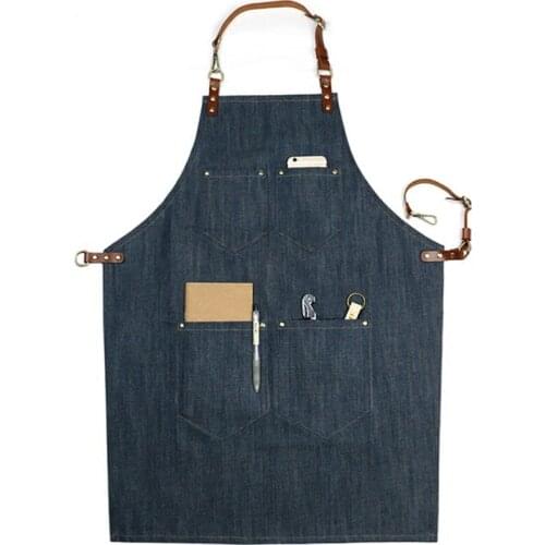 Blue Denim Bib Apron Cow Leather Strap Barista Cafe Chef BBQ Baker Bartender Uniform Florist Barber Gardener Work Wear XL K47