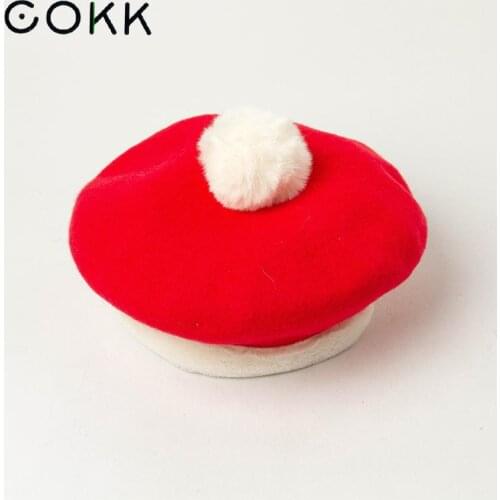 COKK Wool Beret Autumn Winter Hat Women Lovely Warm Woolen Beret Women Ladies Hats With Faux Fur Pompom Christmas Gift Holiday