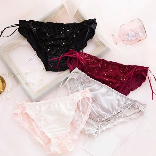 Japanese Style Lace Up Sweet Shiny Girls Panties Princess Ruffle Cute Seamless Briefs Fashion Silk Lace-up Underwear Lingerie