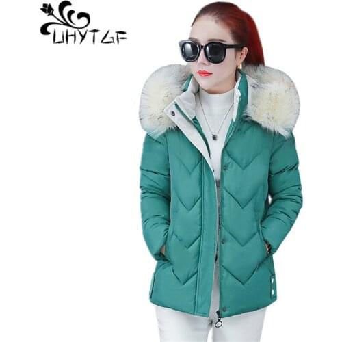 UHYTGF New Winter Female Jacket High Quality Coat Women Down Jacket Warm Big fur collar Plus size Womens Down cotton Parka X554