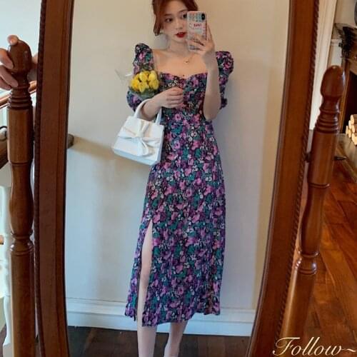 Vintage Flower Summer Dress Women Korean Chic Elegant Square Collar Puff Sleeve Boho Holiday Long Maxi Dress Vestidos Ropa Mujer
