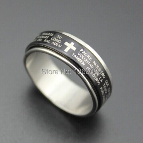 Black Silver Tone Stainless Steel Spanish Rosary Prayer Bible Scriptures Rotating Spinner Rings Gifts MR51