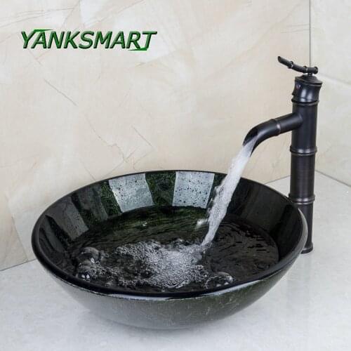 YANKSMART Bamboo Bathroom Tempered Round Glass Counter Top Washbasin With Pop-up Drain Faucet Set Cold & Hot Water Mixer Tap Kit