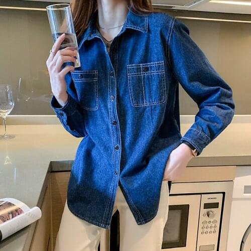 Pocket Denim Spring Autumn Feminina WomenS Vintage Long Sleeve Top Blouse Fashion Clothes 2020 D0607