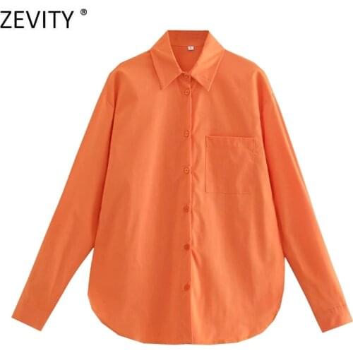 Zevity 2021 Women Simply Orange Color Single Breasted Casual Shirt Blouse Office Lady Long Sleeve Roupas Chic Blusas Tops LS9574