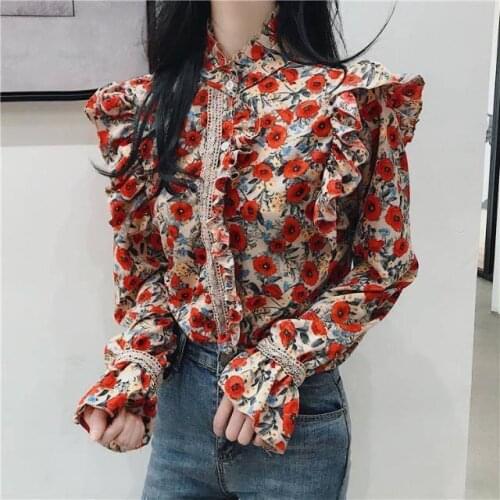 Women 2020 spring Vintage Floral Shirt Long Puff Sleeve Stanf Neck Blouse Single Breasted female Korean Elegant Blusas Tops