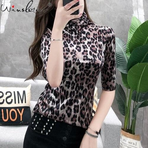 T Shirt Women Tshirt New 2020 Spring/Autumn Vintage Turtleneck Soft Velvet Print Half Sleeve T-shirt Slim Ropa Mujer ф T07812B