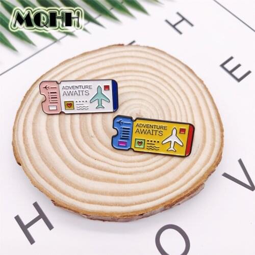 Creative Cartoon Airline Ticket ADVENTURE AWAITS Aircraft Love Enamel Brooch Alloy Badge T-shirt Bag Pin Accessories Jewelry