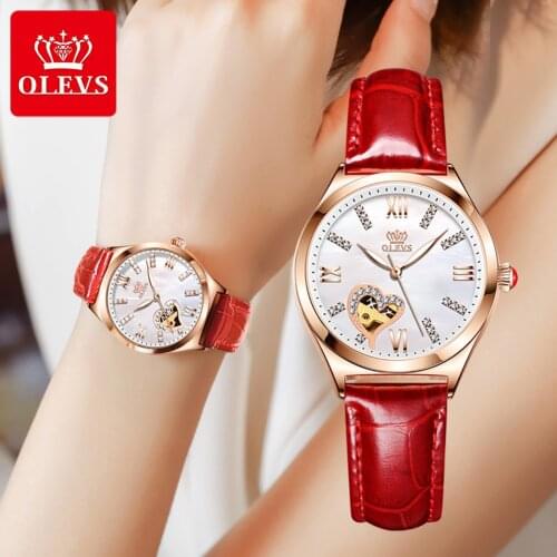 OLEVS Watches for women Automatic Mechanical Wristwatch Breathable Leather Bracelet Waterproof ladies watch Gifts for Lover 6636