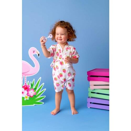 Flaneur Baby Girl Pink Strawberry Short Sleeve Summer Jumpsuit Pyjamas Toddler Romper %100 Cotton Kids Homewear