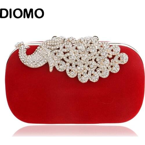 DIOMO Evening Bags Ladies Luxury Peacock with Diamonds Fluff Clutch Purse Wedding Party Women Chain Bags Multi Color