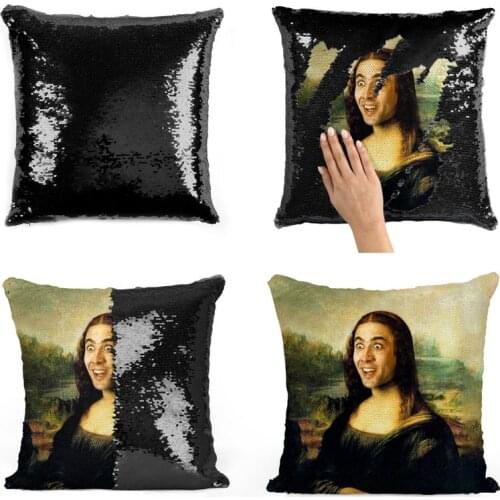 Nicolas Cage Mona Lisa sequin Reversible Color ChangingPillowcase gift for her gift for him pillow magic pillow