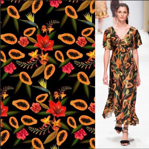 European brand customization HD digital printing satin papaya pattern skirt garment fabric summer fabric customization
