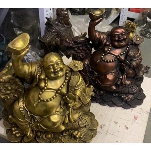 China red bronze On Yuanbao laughter Maitreya Buddha Sitting Dragon Statue 29cm choose yellow or Red wine colour