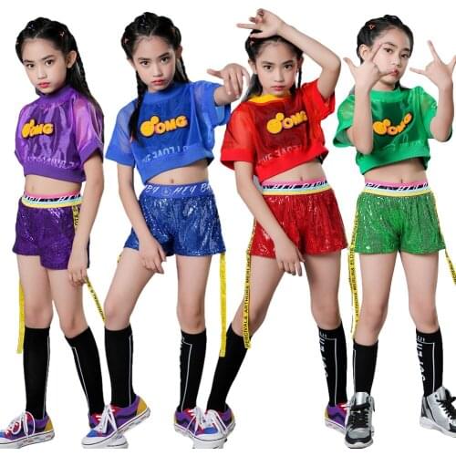3Pcs Kids Girl Glitter Sequins Hip Hop Outfit Children Top + Vest + Shorts Street Dance Costume Set Stage Performance Clothing