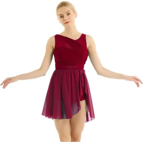 Summer Womens Dress Female Sleeveless Cut Out Irregular Party Dress Asymmetric Chiffon Stretchy Ballet Dance Gymnastics Leotard