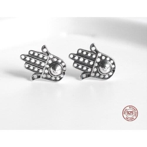 LKO Vintage Personality Palm 925 Sterling Silver Stud Earring Creative Small Hand Earrings For Women Men Trend Jewelry Ornaments