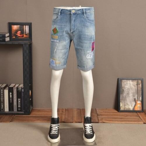 Fashion Letter Embroidery Denim Shorts 2021 Summer Men Ripped Jeans Streetwear Casual Blue Short Pants