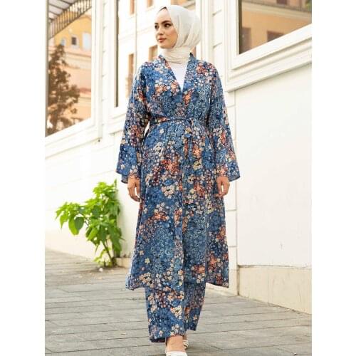 Muslim Women Arabic Suits Fashion Long Sleeve Wide Leg Pants Tops Islamic Two Piece Set Outfits Women