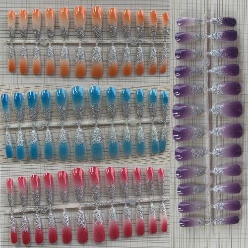 24/pcs Fake Nails Half Glitter Pretty Gradient Detachable Tips for Nail Extension Manicure Art Nails Long Full Cover Fake False