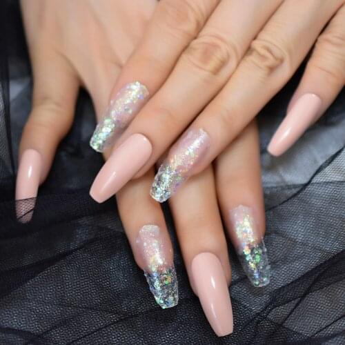 Pink Color Design Charms Press On Nails Coffin Full Cover Fingernails With Glitter Supplies For Professionals 2021 New Set Line