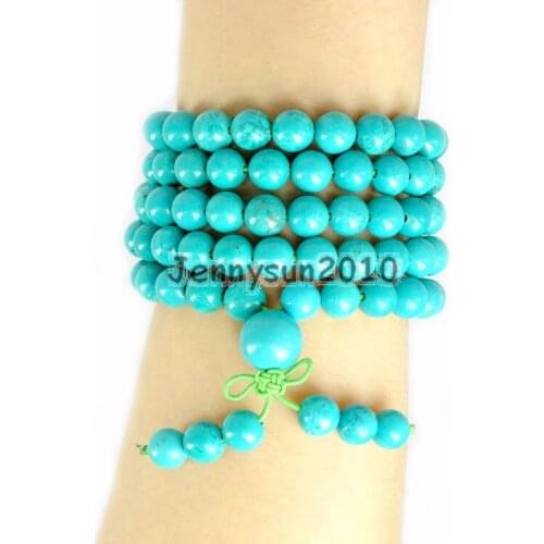 Natural Stabilized Tur-quoise 8mm Gem Stone Buddhist 108 Bead Prayer Mala Multi-Purpose Stretchy Bracelet Necklace 2Strands/Pack