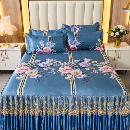 2021New Ice Silk Mat Bed Skirt Three-piece Summer Air Conditioning Mat Mat Bed Cover Foldable Washable Bed Skirt
