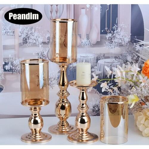 PEANDIM Luxury Metal Glass Candlesticks Gold Candle Holders Wedding Centerpieces Table Decoration Candelabra Home Ornaments